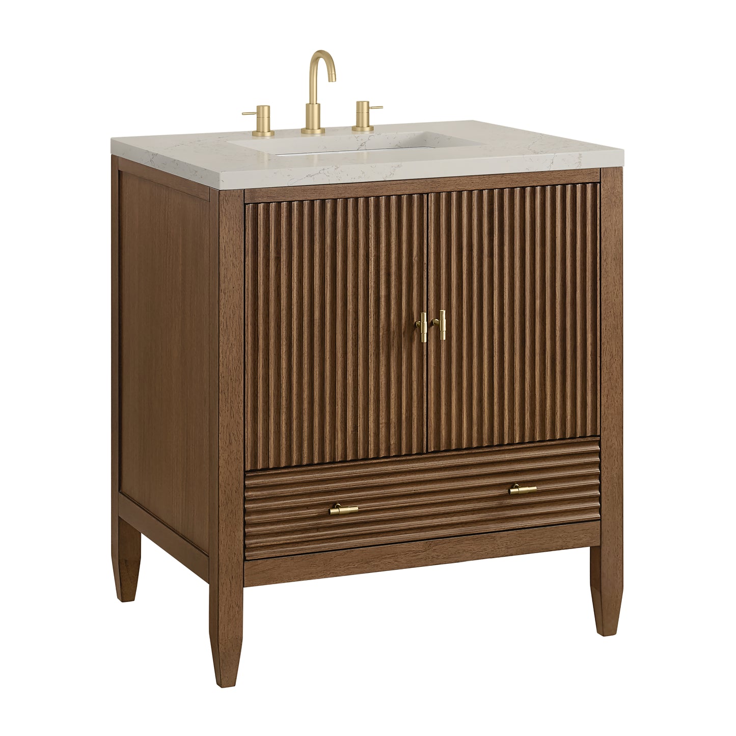 Renovate for Less Atlanta Myrrin 30" Single Vanity, Mid-Century Walnut w/ 3 CM Siberian Silestone Top