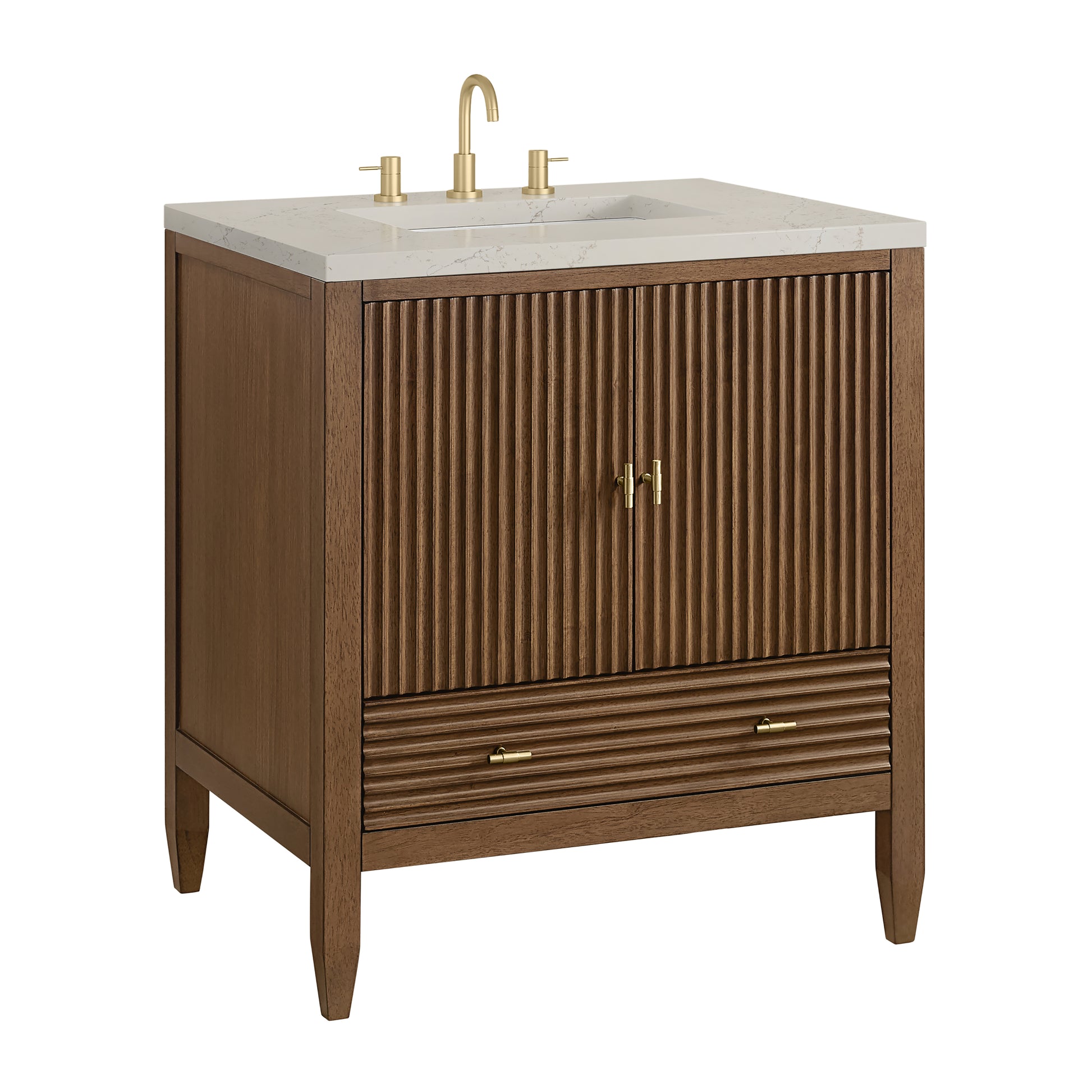 Renovate for Less Atlanta Myrrin 30" Single Vanity, Mid-Century Walnut w/ 3 CM Siberian Silestone Top