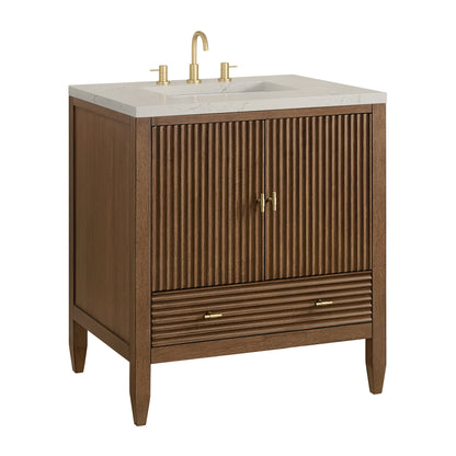Renovate for Less Atlanta Myrrin 30" Single Vanity, Mid-Century Walnut w/ 3 CM Siberian Silestone Top