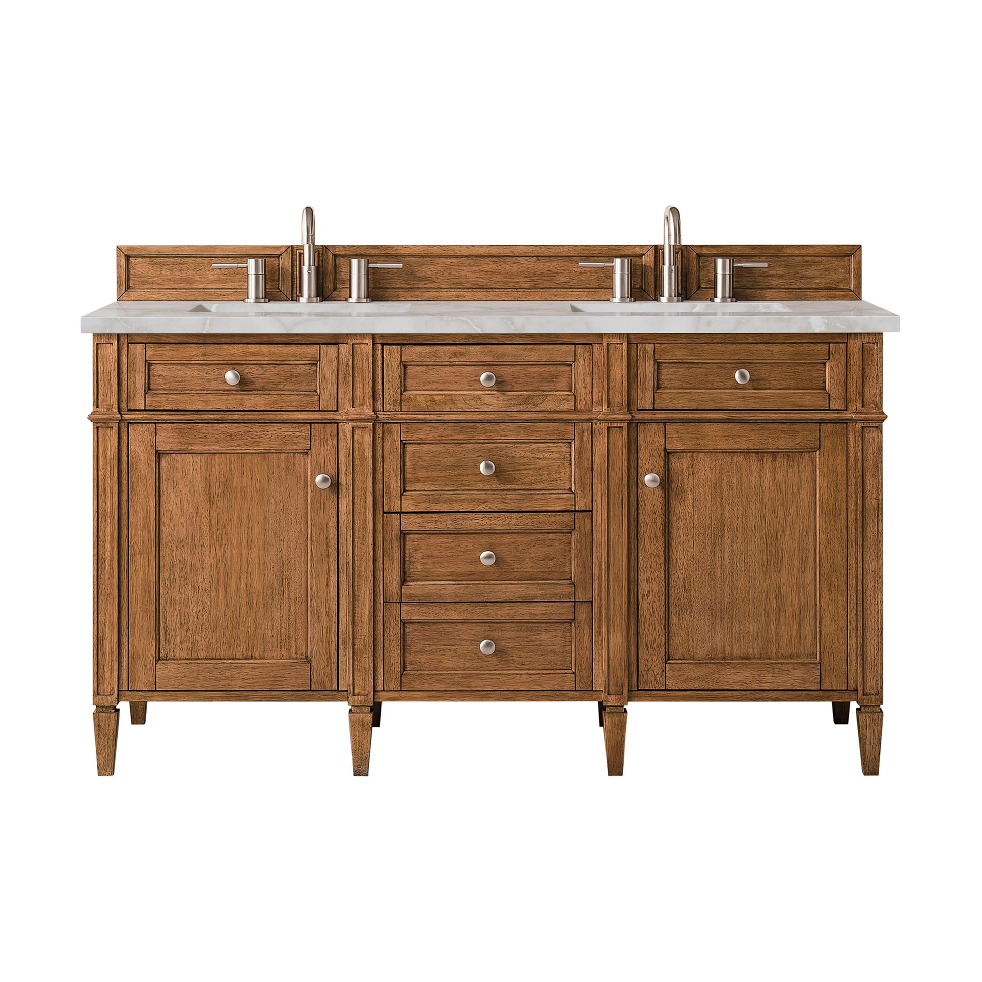 Renovate for Less Atlanta Brittany 60" Double Vanity, Saddle Brown w/ 3 CM Victorian Silver Silestone Top w/FreePower Wireless Charger