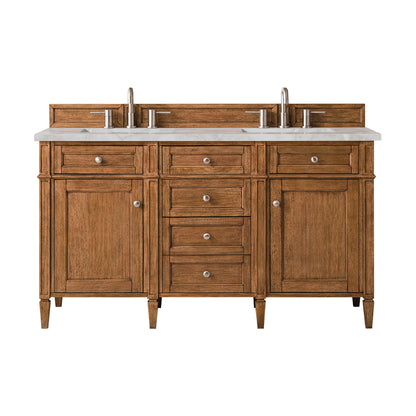 Renovate for Less Atlanta Brittany 60" Double Vanity, Saddle Brown w/ 3 CM Victorian Silver Silestone Top w/FreePower Wireless Charger