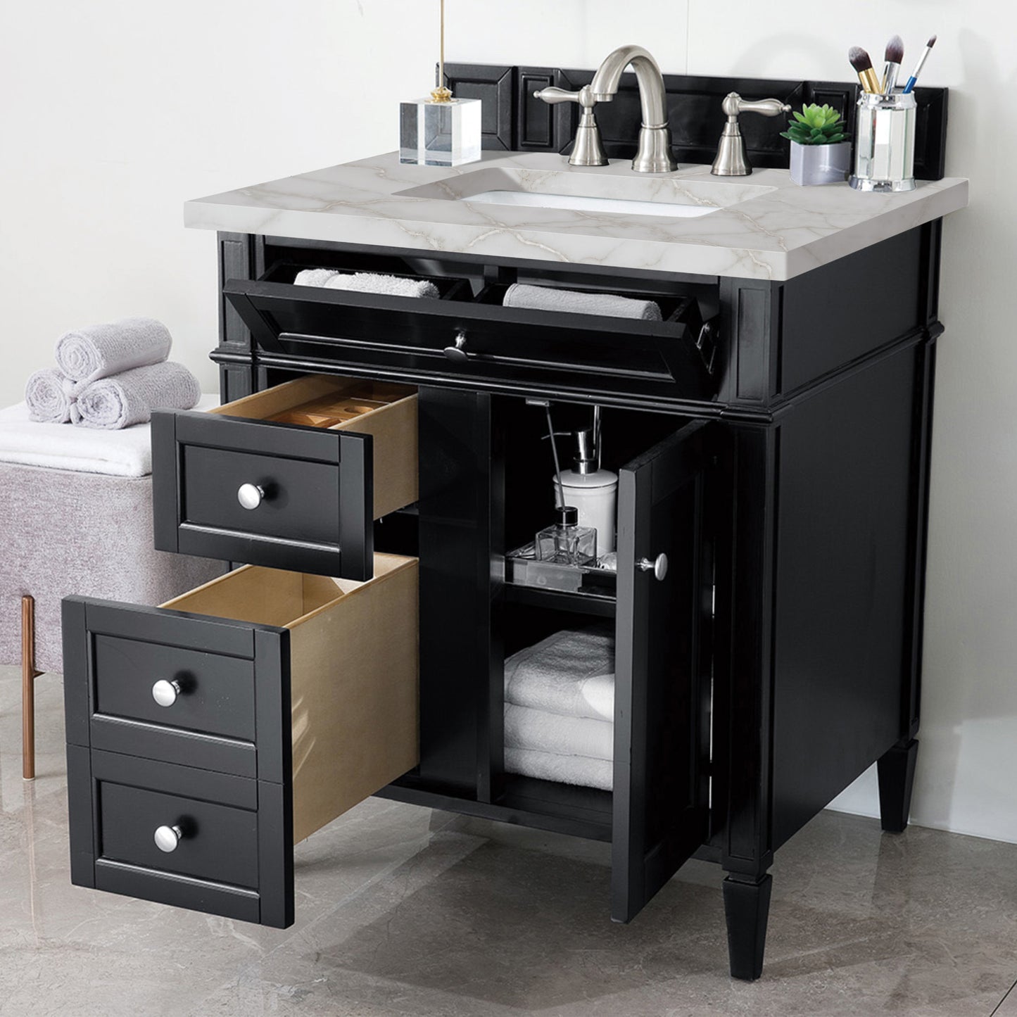 Renovate for Less Atlanta Brittany 30" Single Vanity, Black Onyx, w/ 3 CM Victorian Silver Silestone Top