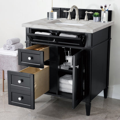 Renovate for Less Atlanta Brittany 30" Single Vanity, Black Onyx, w/ 3 CM Victorian Silver Silestone Top
