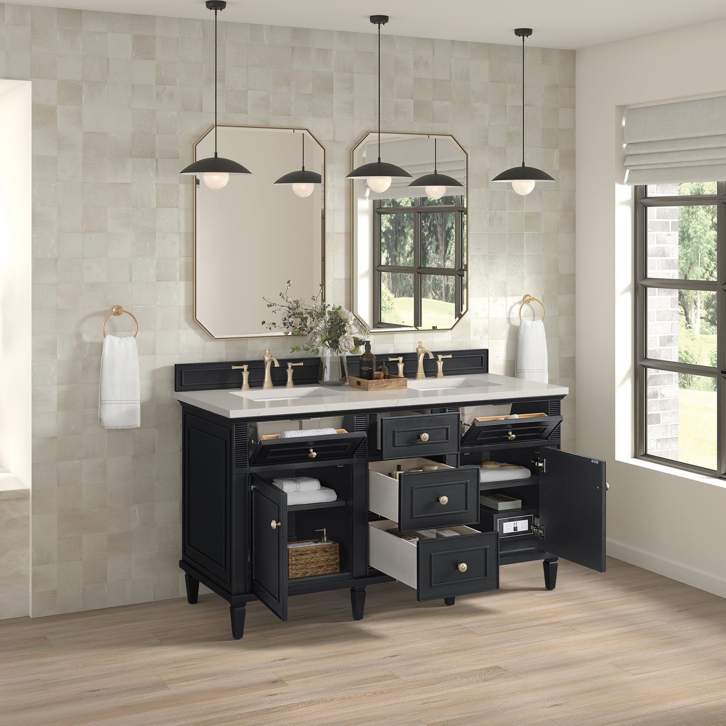 Renovate for Less Atlanta Lorelai 60" Double Vanity, Black Onyx, w/ 3 CM Siberian Silestone Top w/FreePower Wireless Charger