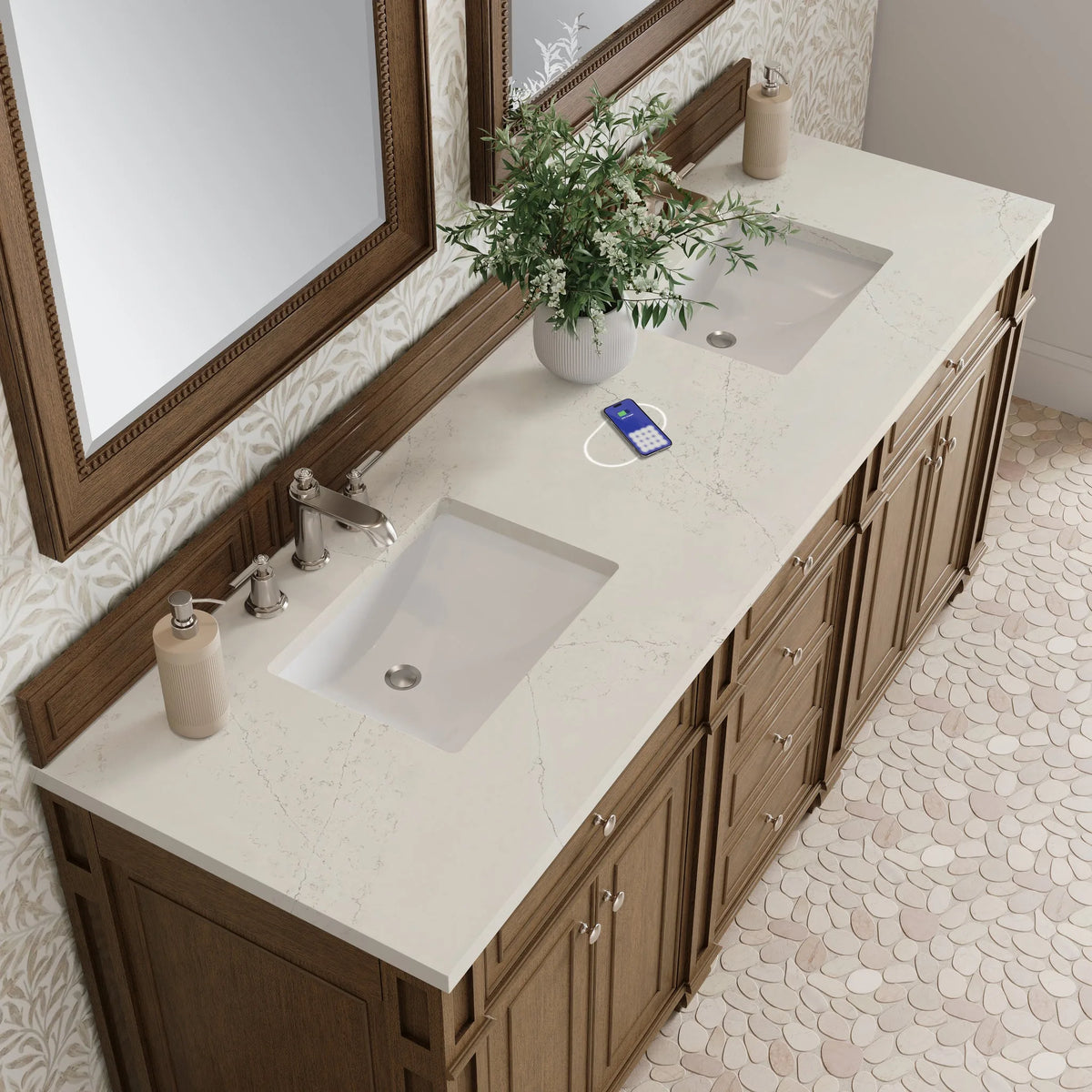 Bristol 72" Double Vanity, Saddle Brown, w/ 3 CM Siberian Silestone Top w/FreePower Wireless Charger