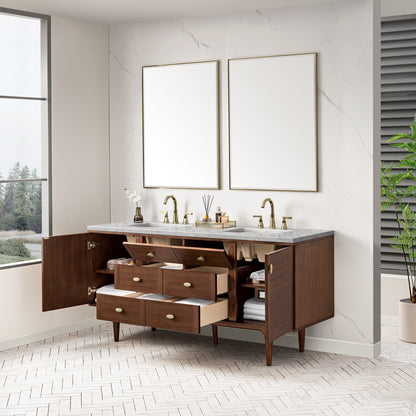 Renovate for Less Atlanta Amberly 72" Double Vanity, Mid-Century Walnut w/ 3 CM Eternal Jasmine Pearl Top w/FreePower Wireless Charger