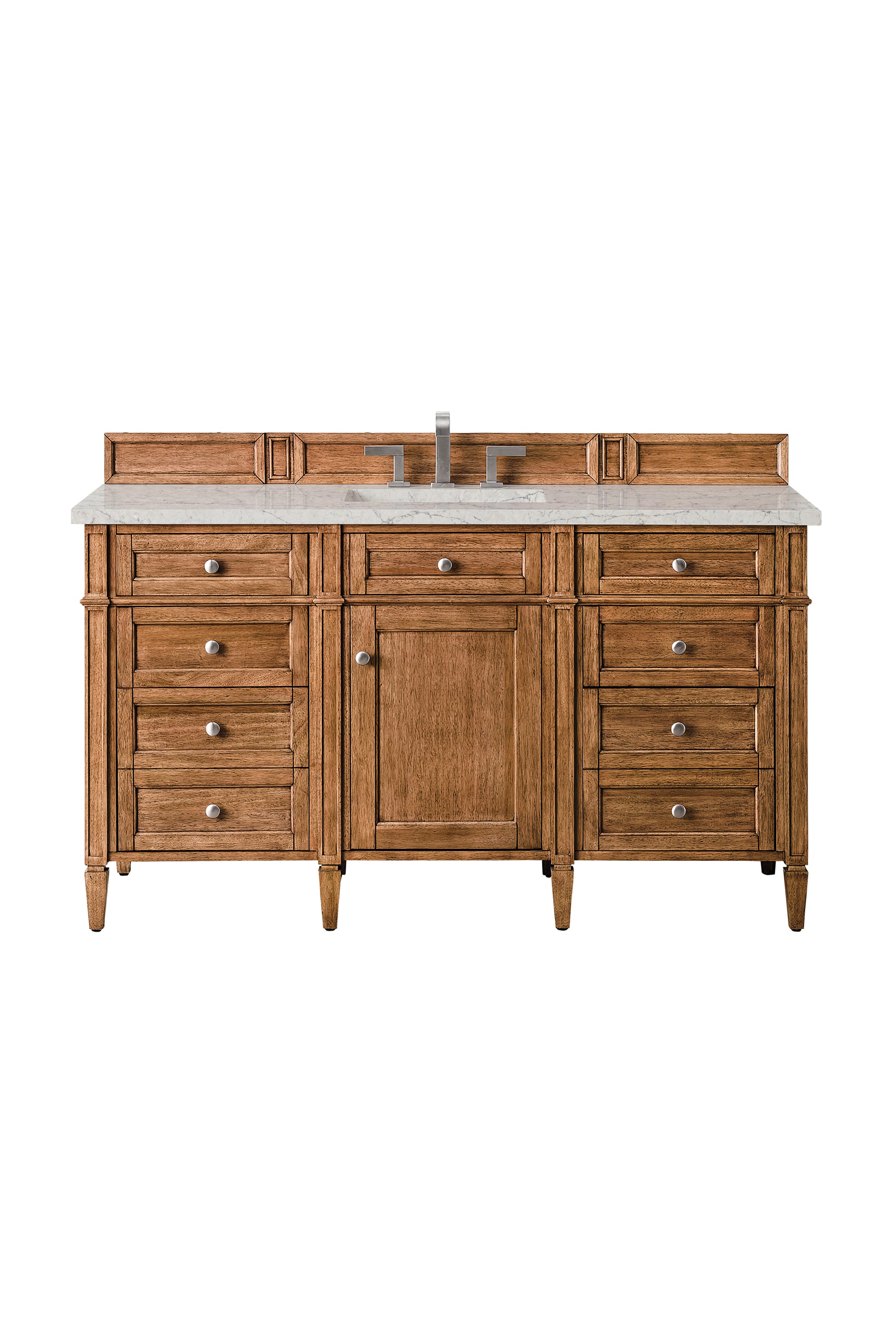 Renovate for Less Atlanta Brittany 60" Single Vanity, Saddle Brown w/ 3 CM Eternal Jasmine Pearl Silestone Top