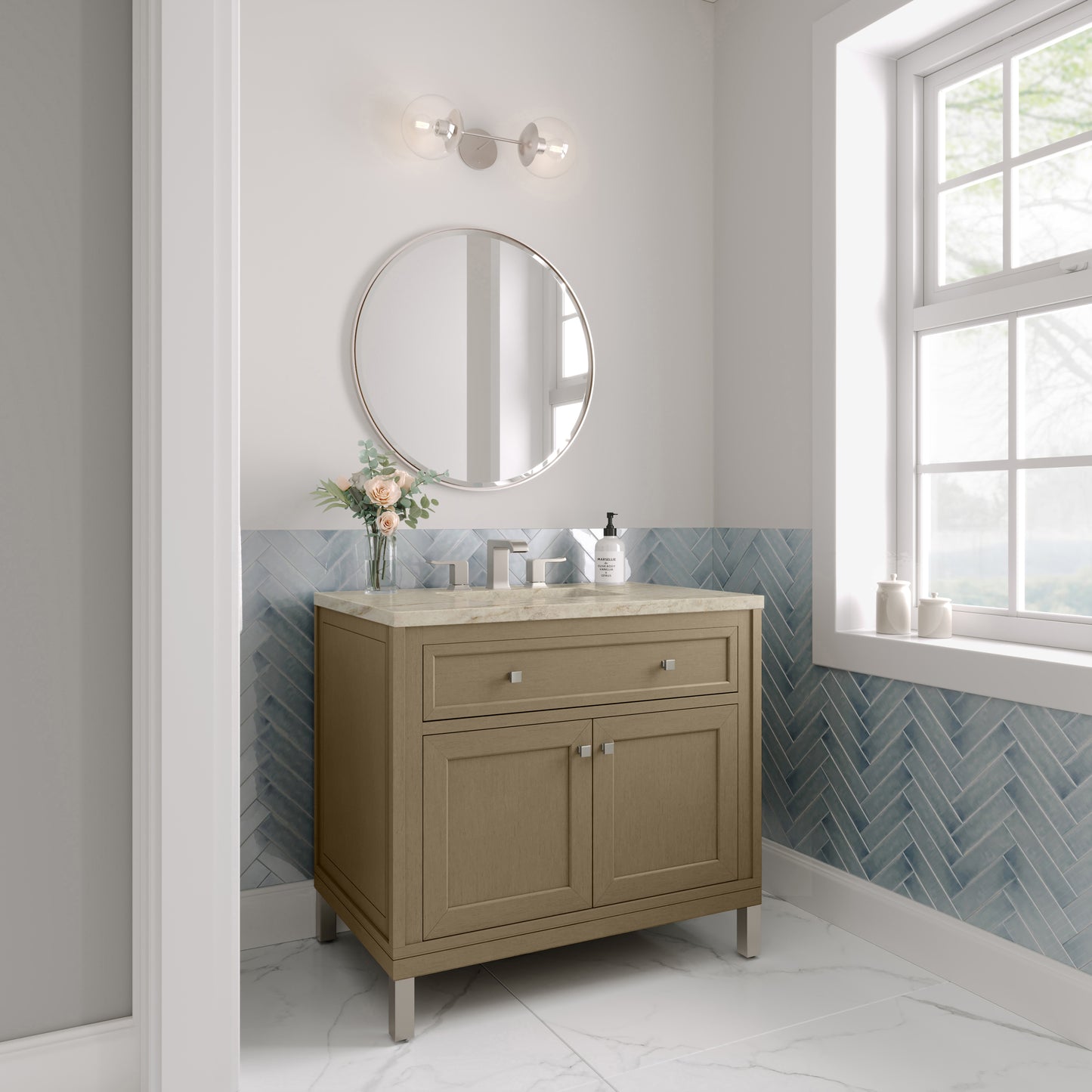 Renovate for Less Atlanta Chicago 36" Single Vanity, Walnut Whisper, w/ 3 CM Tajnar Eclos Top
