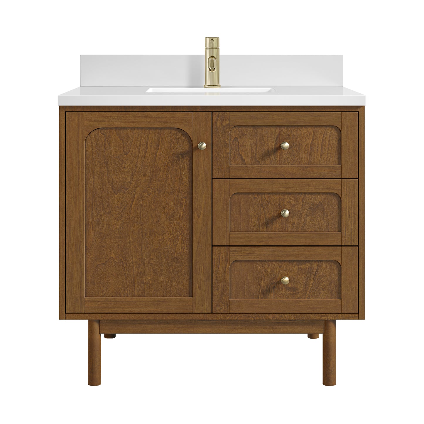 Renovate for Less Atlanta Laurent 36" Single Vanity, Honey Oak w/ Single Hole 3 CM White Zeus Silestone Top and Matching Backsplash