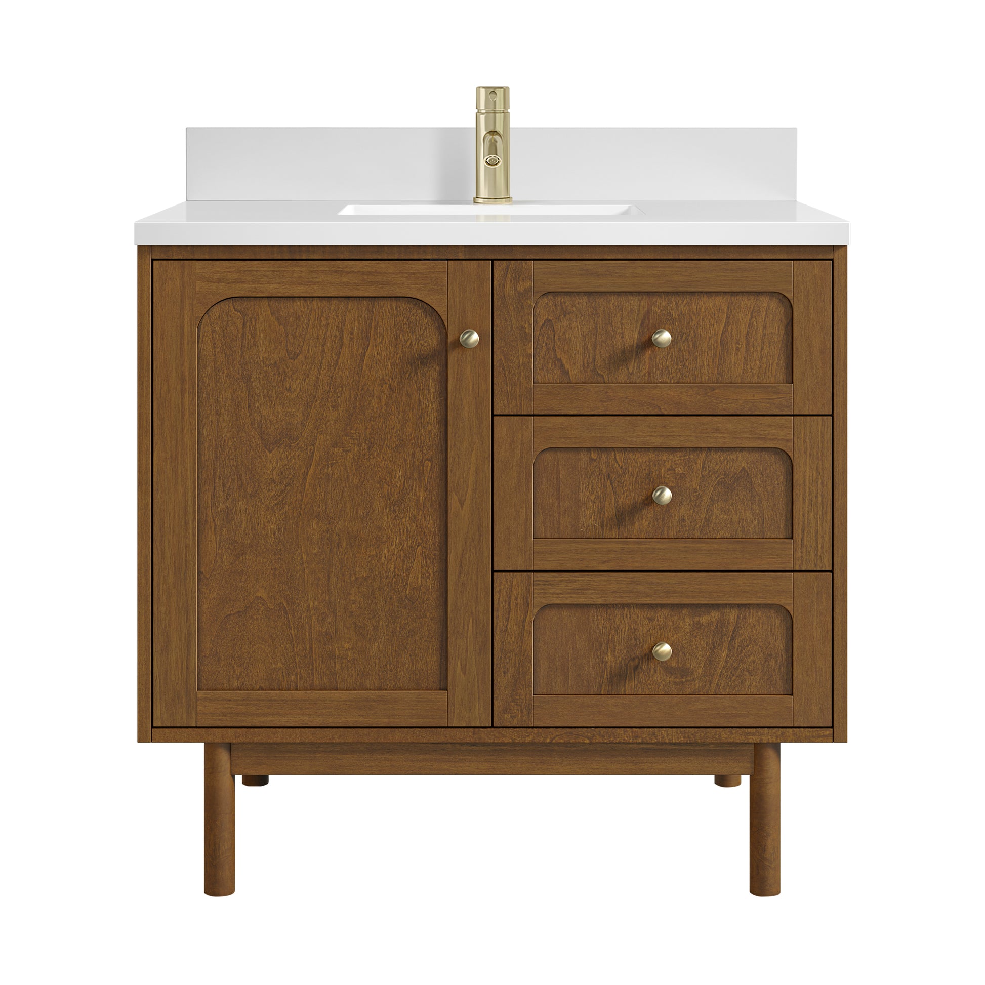 Renovate for Less Atlanta Laurent 36" Single Vanity, Honey Oak w/ Single Hole 3 CM White Zeus Silestone Top and Matching Backsplash
