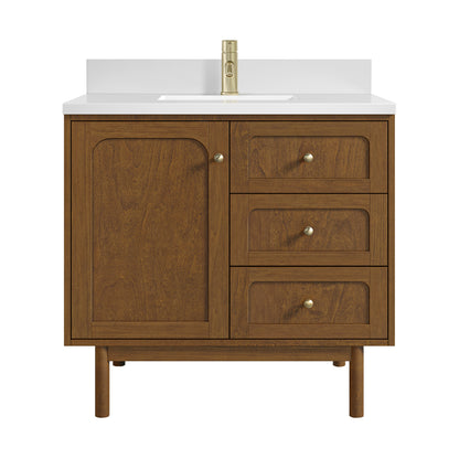 Renovate for Less Atlanta Laurent 36" Single Vanity, Honey Oak w/ Single Hole 3 CM White Zeus Silestone Top and Matching Backsplash