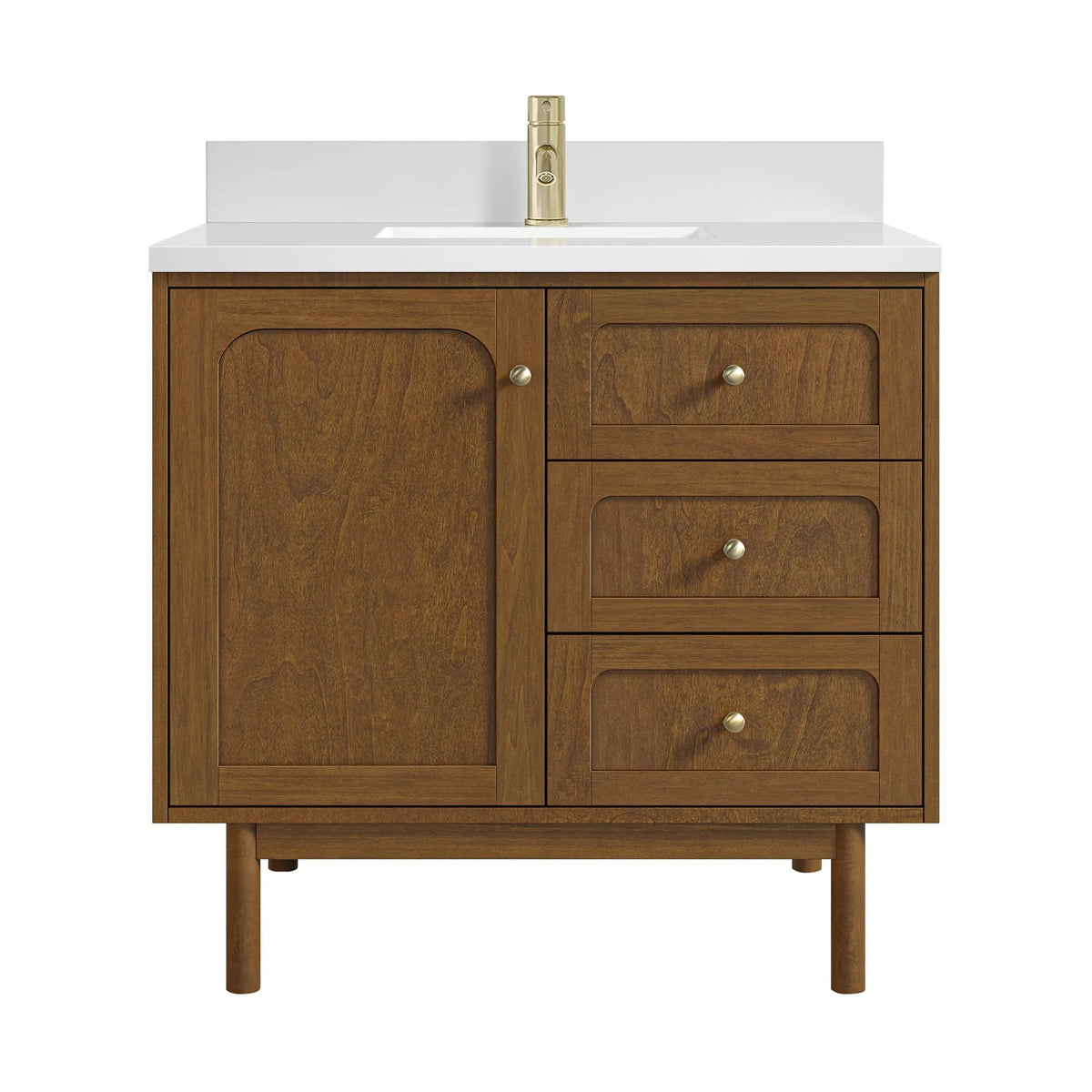 Laurent 36" Single Vanity, Honey Oak w/ Single Hole 3 CM White Zeus Silestone Top and Matching Backsplash