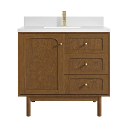 Laurent 36" Single Vanity, Honey Oak w/ Single Hole 3 CM White Zeus Silestone Top and Matching Backsplash