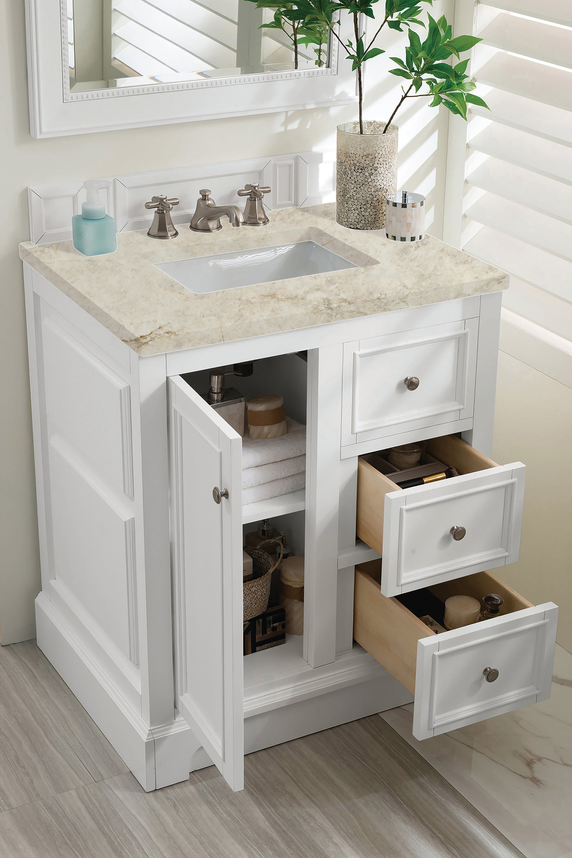 Renovate for Less Atlanta De Soto 30" Single Vanity, Bright White, w/ 3 CM Tajnar Eclos Top