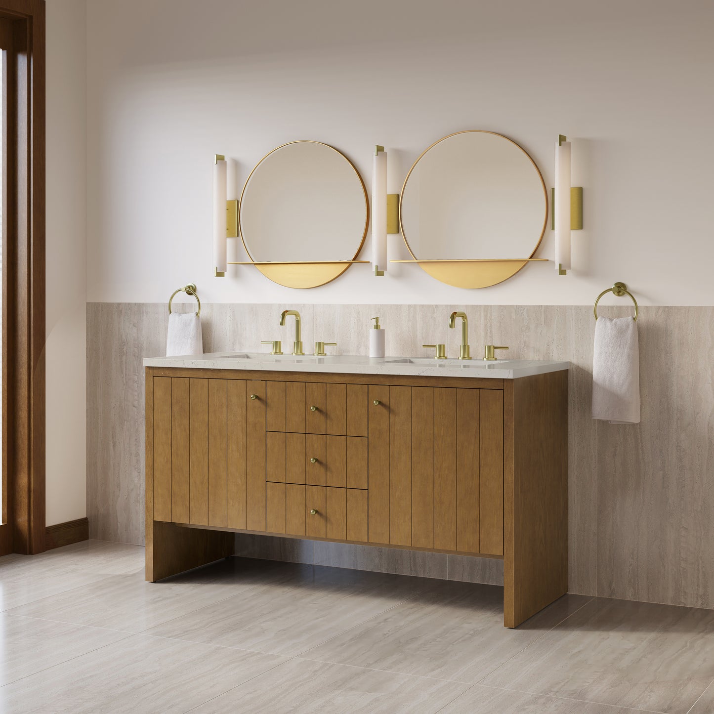Renovate for Less Atlanta Hudson 60" Double Vanity, Honey Oak w/ 3 CM Siberian Silestone Top w/FreePower Wireless Charger