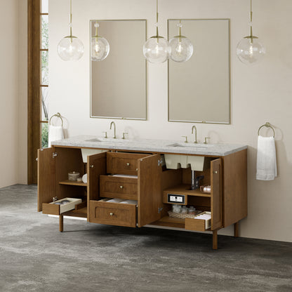 Renovate for Less Atlanta Laurent 72" Double Vanity, Honey Oak w/ 3 CM Eternal Jasmine Pearl Silestone Top w/FreePower Wireless Charger