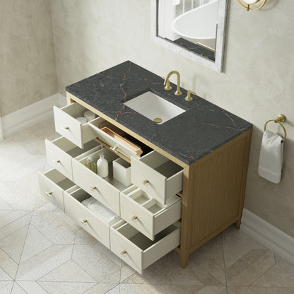 Renovate for Less Atlanta Celeste 48" Single Vanity, Sunwashed Oak with Embossed Shagreen w/ 3 CM Parisien Bleu Silestone Top w/ FreePower Wireless Charger