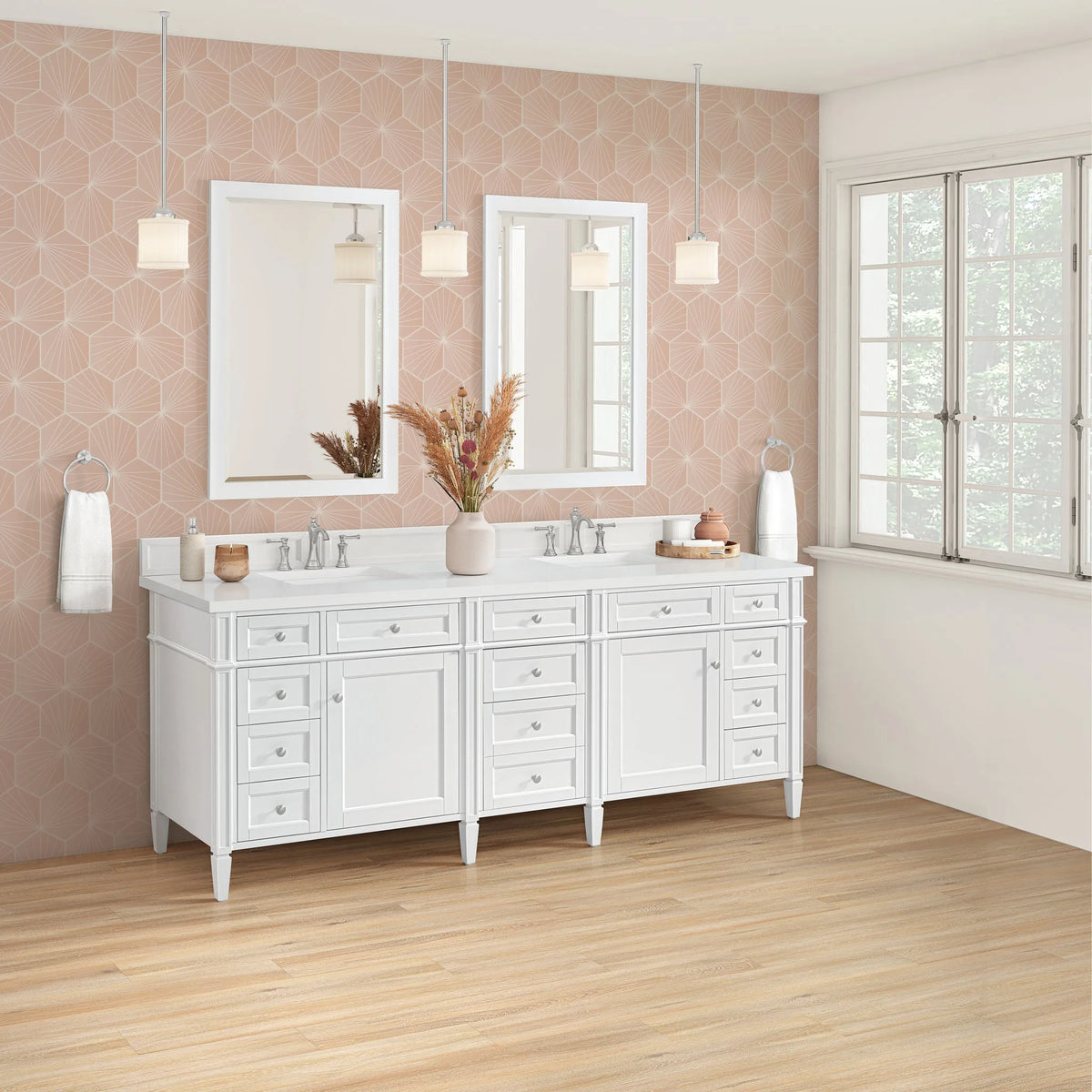 Brittany 84" Double Vanity, Bright White w/ 3 CM White Zeus Top