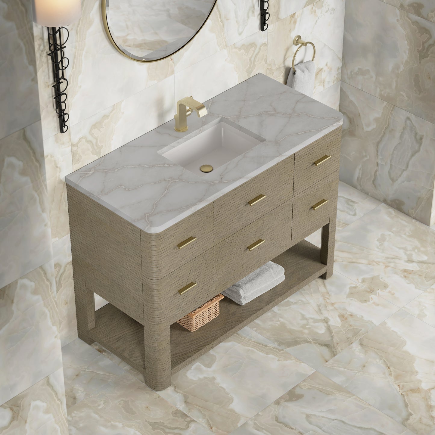 Renovate for Less Atlanta Lucian 48" Single Vanity, Pebble Oak w/ 3 CM Victorian Silver Silestone Top