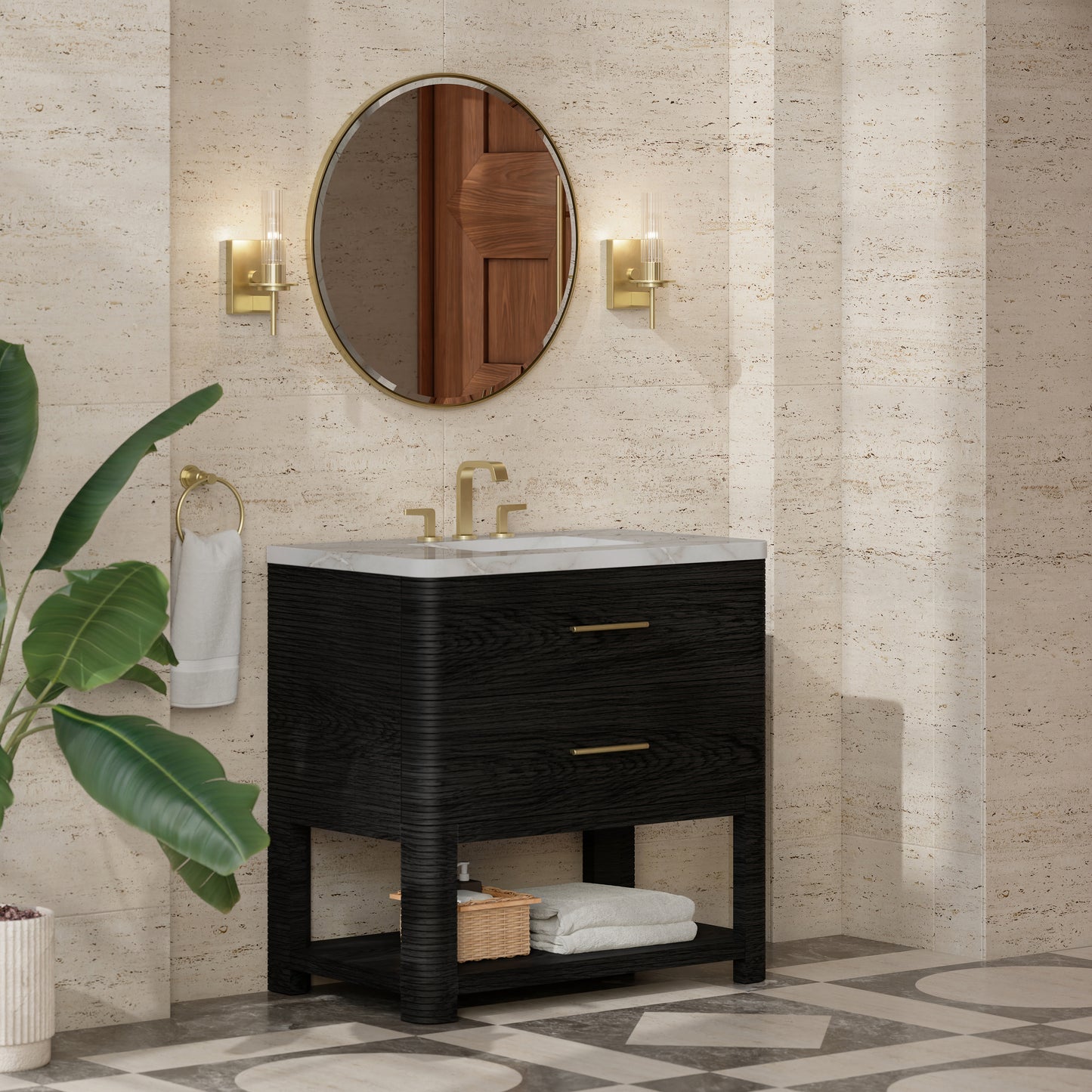 Renovate for Less Atlanta Lucian 36" Single Vanity, Carbon Oak w/ 3 CM Victorian Silver Silestone Widespread Top