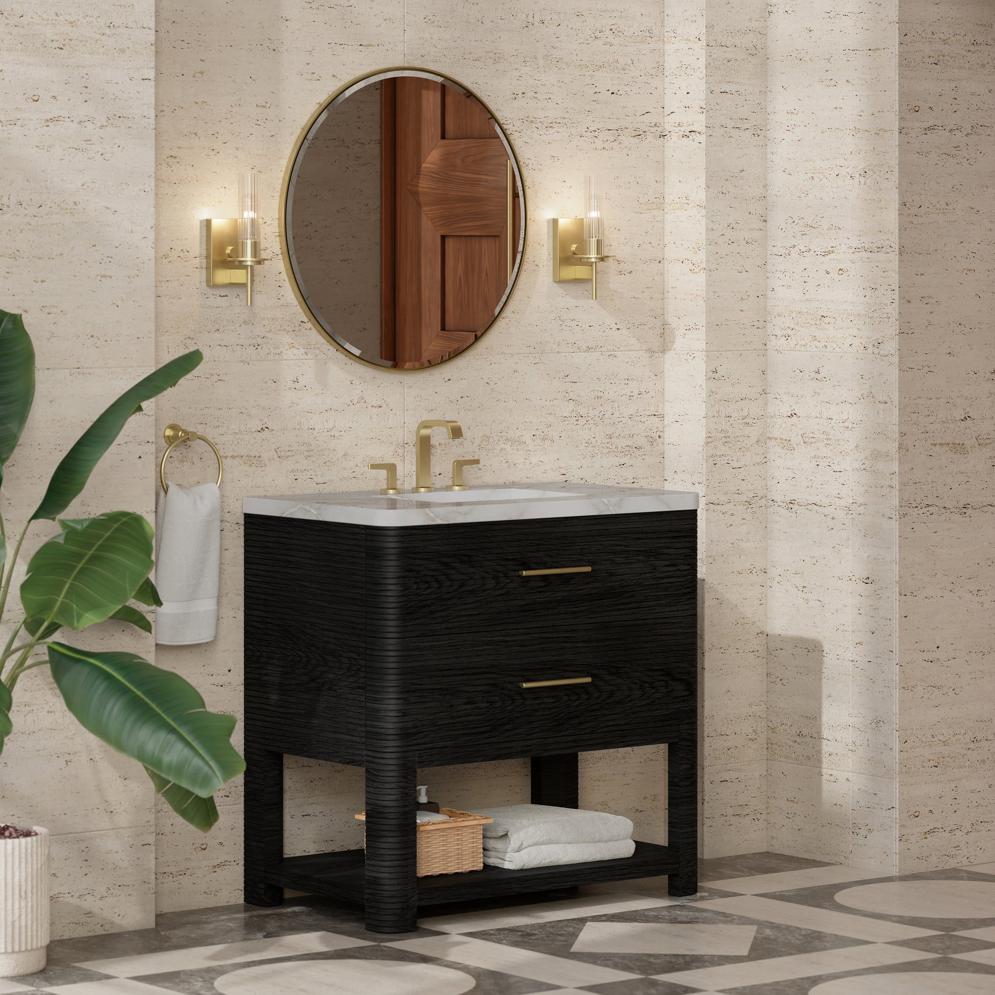 Renovate for Less Atlanta Lucian 36" Single Vanity, Carbon Oak w/ 3 CM Victorian Silver Silestone Widespread Top