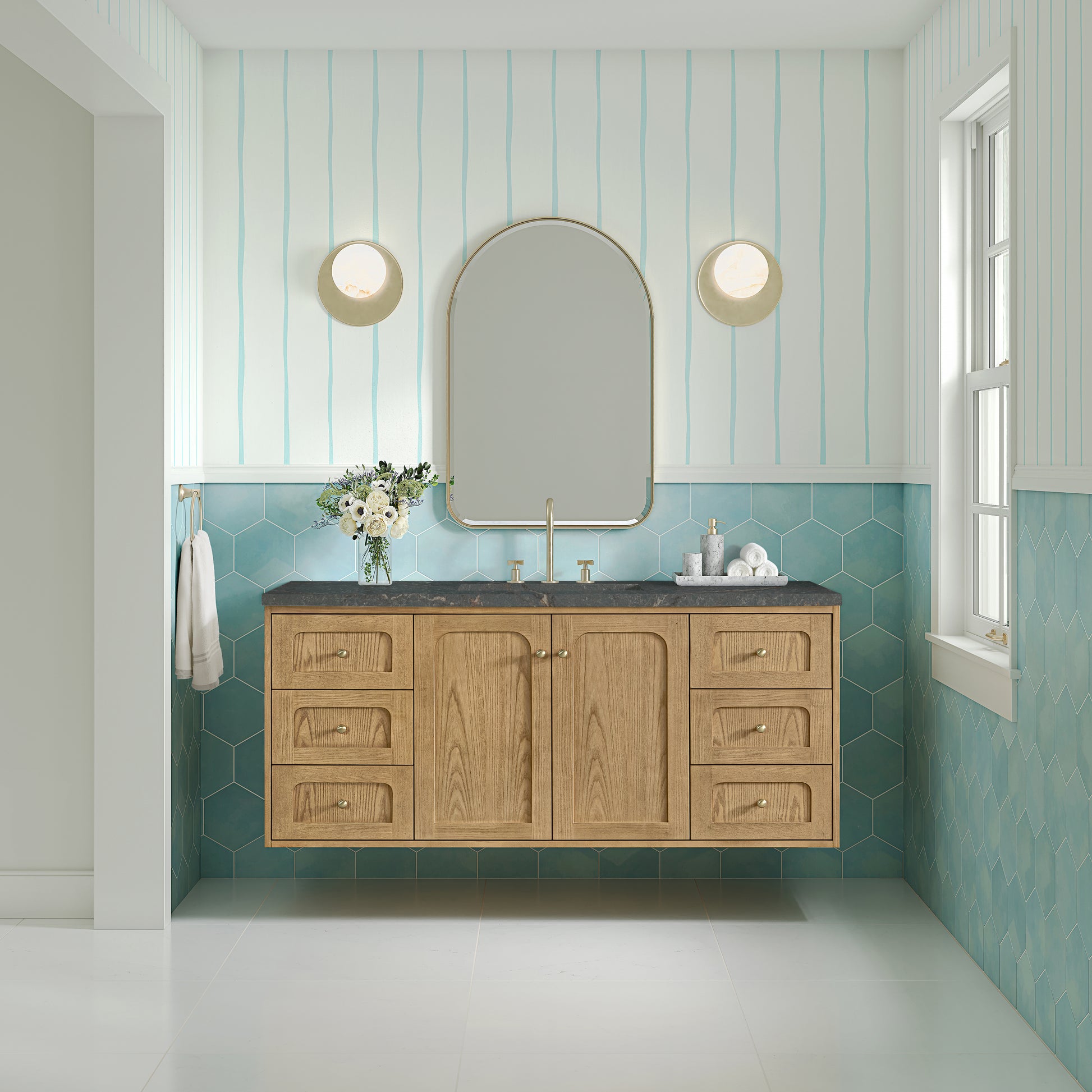 Renovate for Less Atlanta Laurent 60" Single Vanity, Light Natural Oak, w/ 3 CM Parisien Bleu Quartz Top