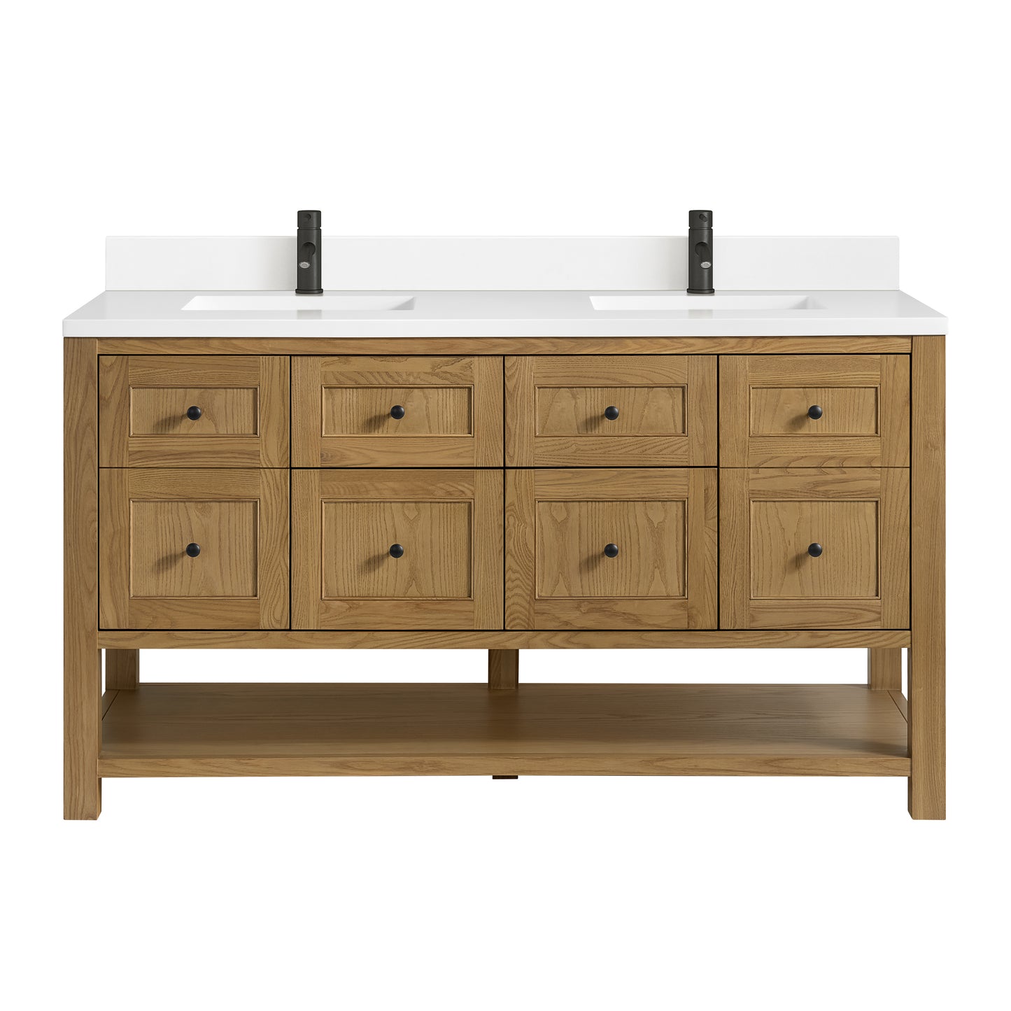 Renovate for Less Atlanta Breckenridge 60" Double Vanity, Light Natural Oak, w/ Single Hole 3 CM White Zeus Quartz Top & Backsplash