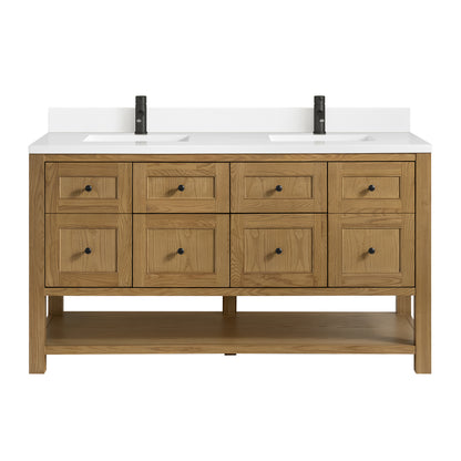 Renovate for Less Atlanta Breckenridge 60" Double Vanity, Light Natural Oak, w/ Single Hole 3 CM White Zeus Quartz Top & Backsplash