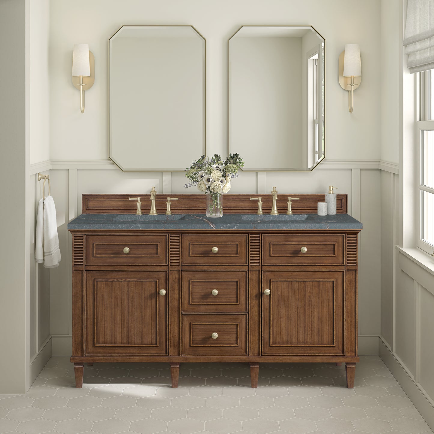 Renovate for Less Atlanta Lorelai 60" Double Vanity, Mid-Century Walnut w/ 3 CM Parisien Bleu Silestone Top w/FreePower Wireless Charger