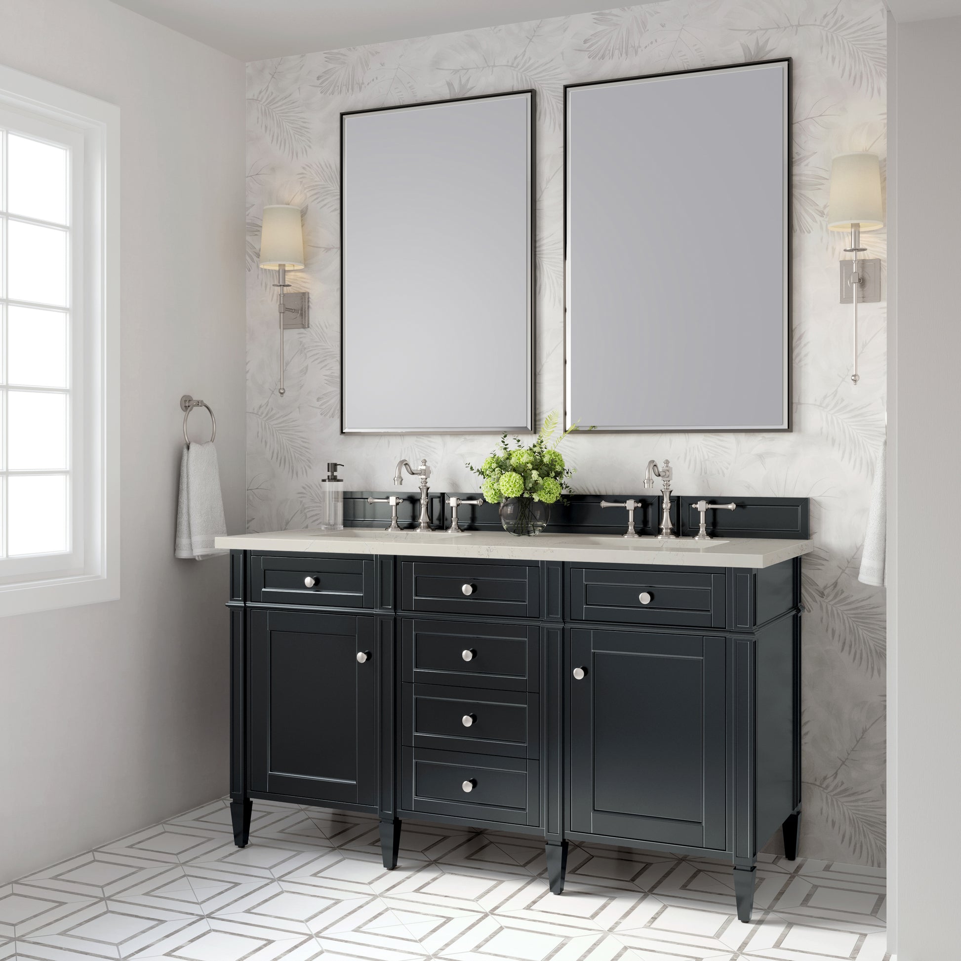 Renovate for Less Atlanta Brittany 60" Double Vanity, Black Onyx, w/ 3 CM Siberian Silestone Top