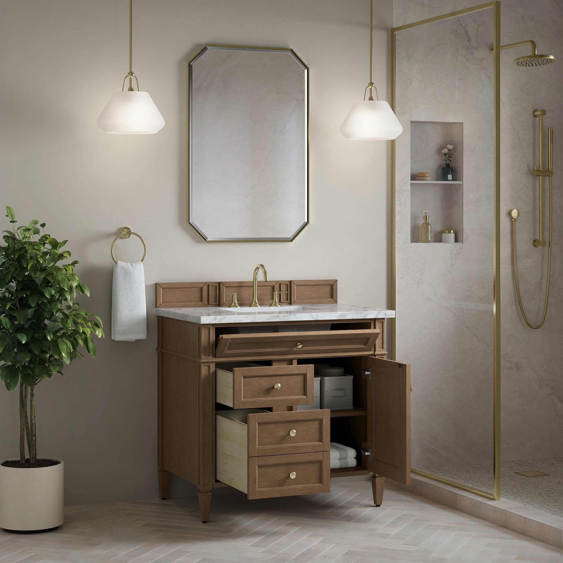 Renovate for Less Atlanta Brittany 36" Single Vanity, Pecan w/ 3 CM Carrara Marble Top