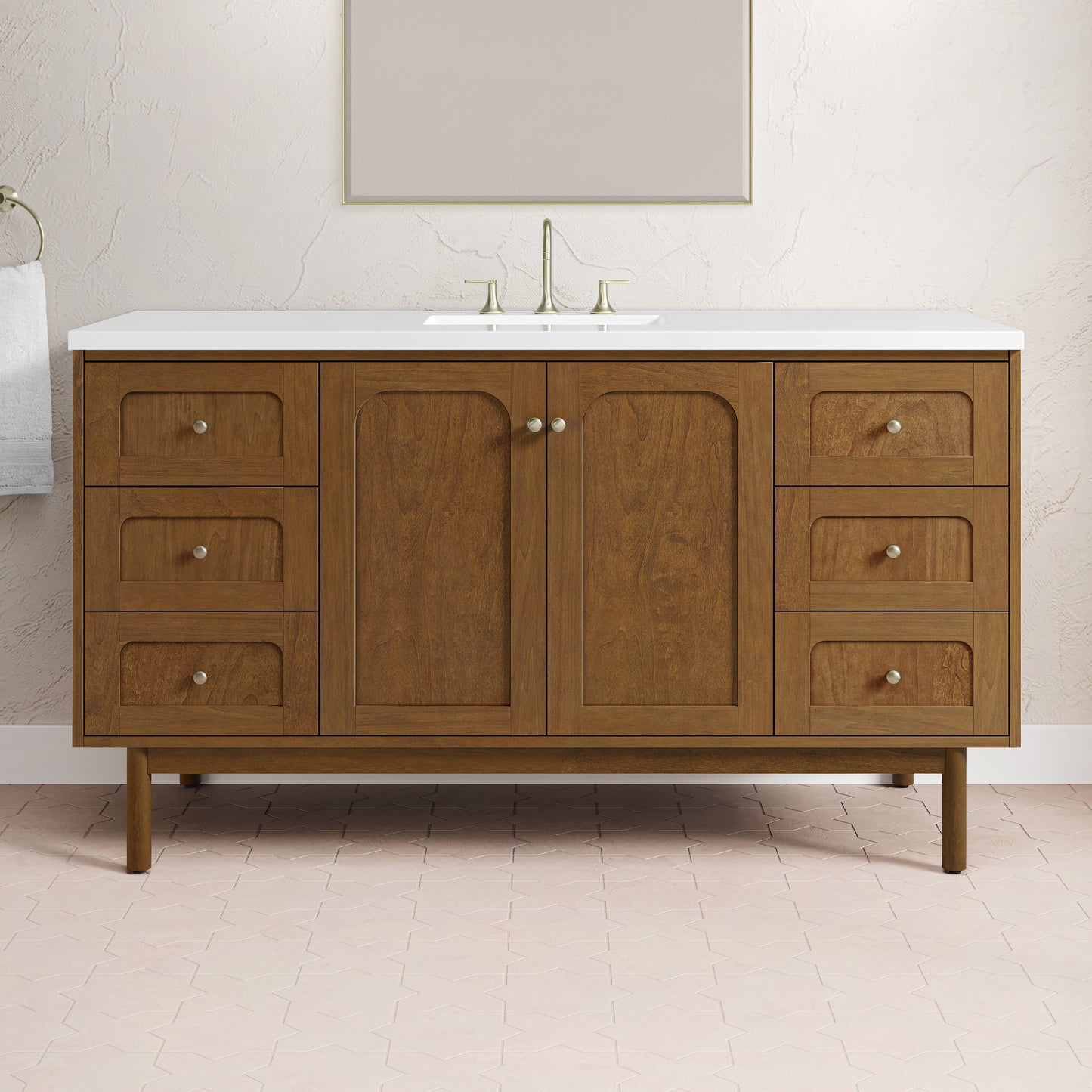 Renovate for Less Atlanta Laurent 60" Single Vanity, Honey Oak w/ 3 CM White Zeus Silestone Top