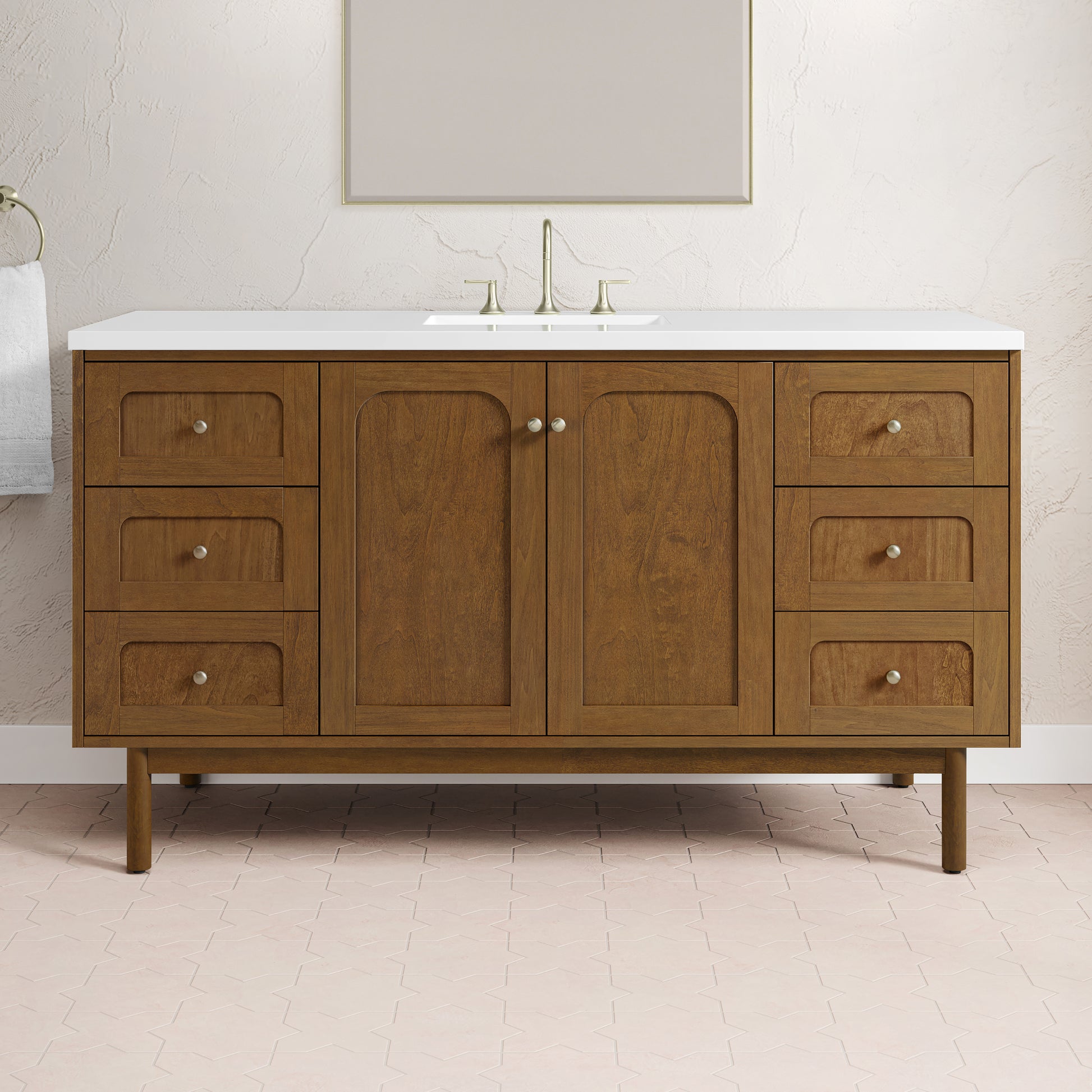Renovate for Less Atlanta Laurent 60" Single Vanity, Honey Oak w/ 3 CM White Zeus Silestone Top