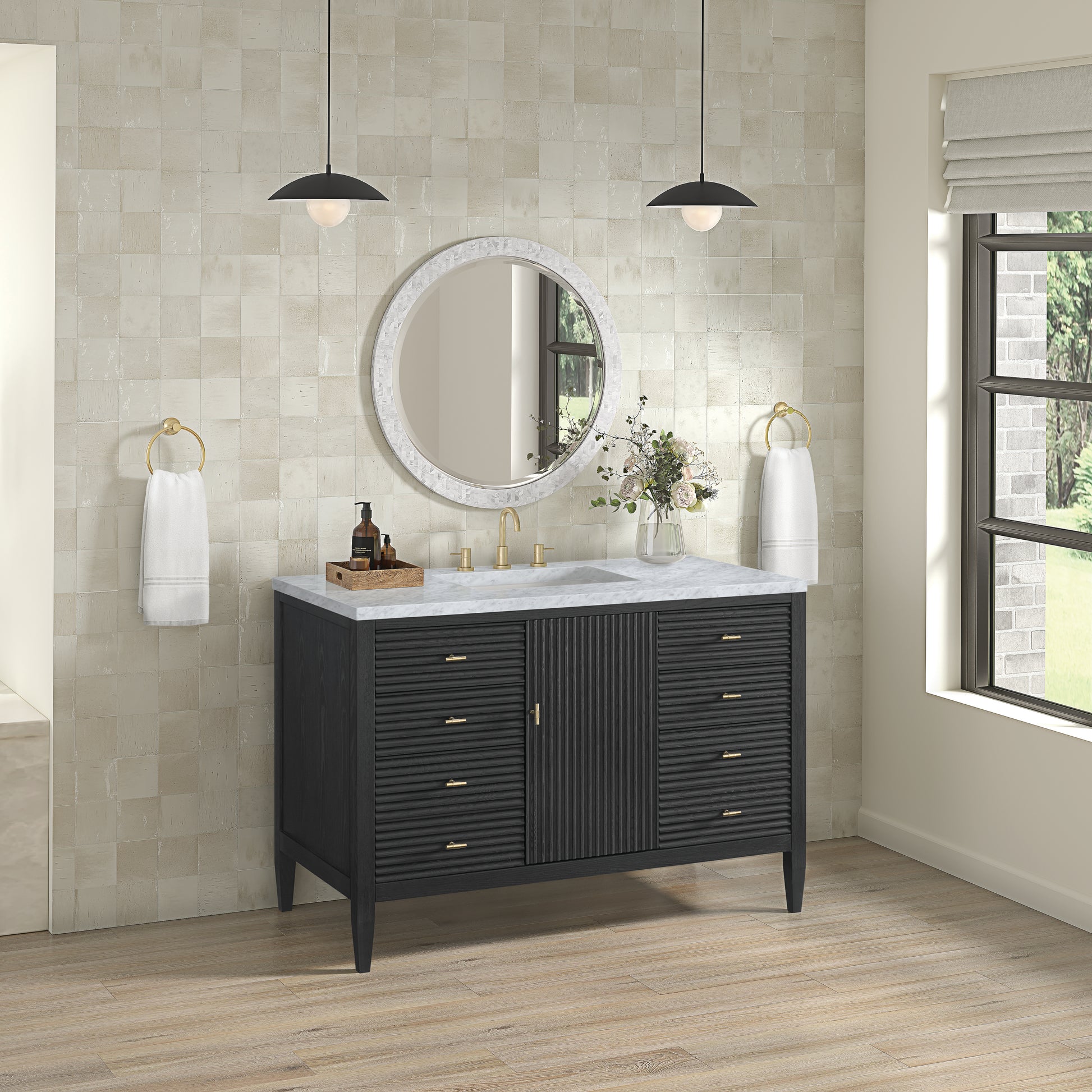 Renovate for Less Atlanta Myrrin 48" Single Vanity, Carbon Oak w/ 3 CM Carrara White Marble Top