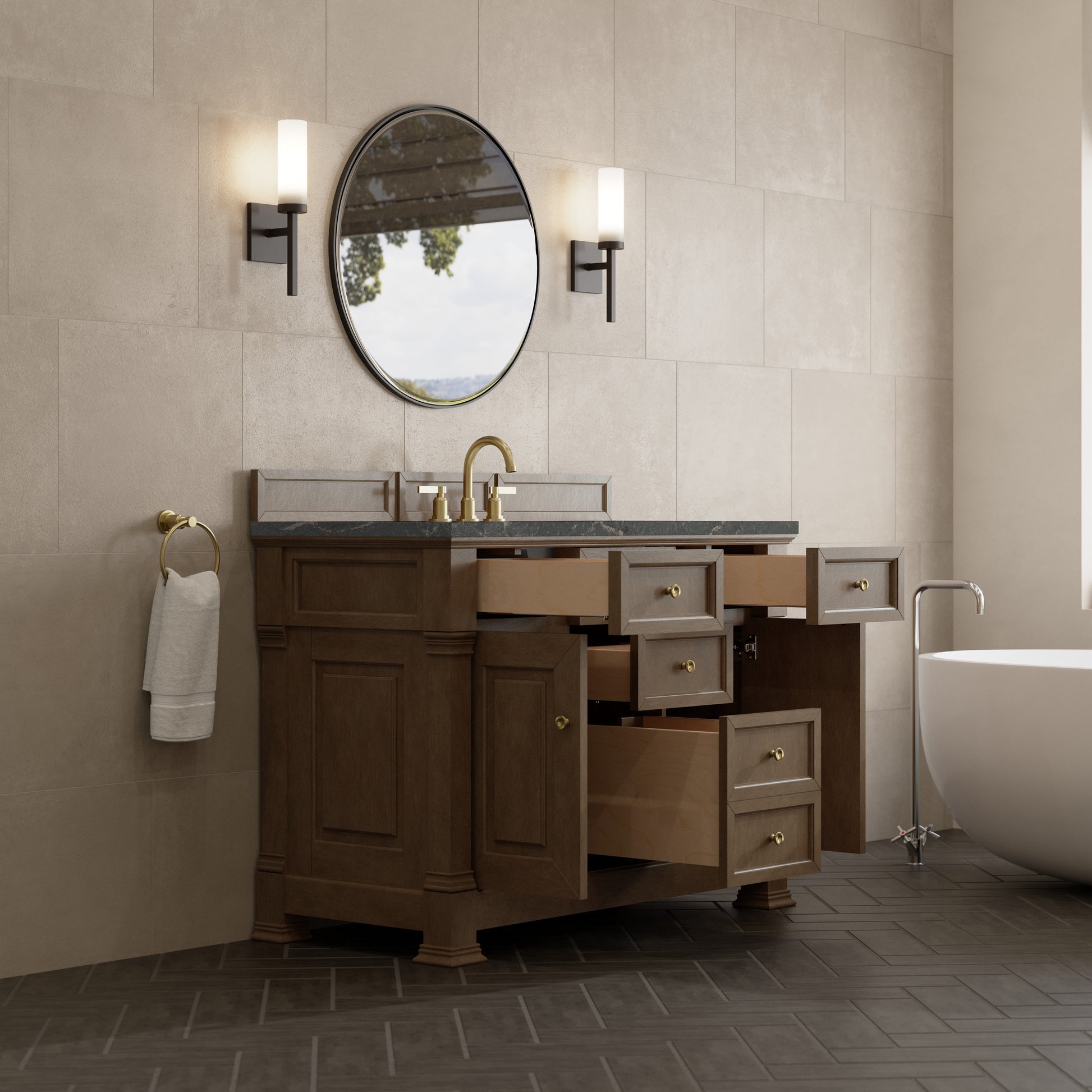 Renovate for Less Atlanta Brookfield 48" Single Vanity, Pecan w/ 3 CM Parisien Bleu Silestone Top w/ FreePower Wireless Charger