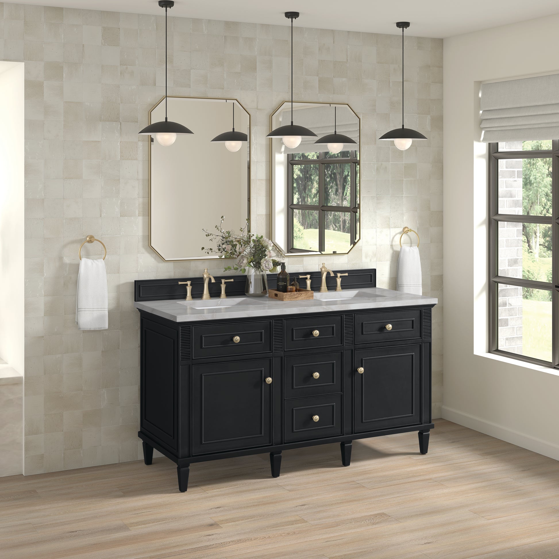 Renovate for Less Atlanta Lorelai 60" Double Vanity, Black Onyx w/ 3 CM Victorian Silver Silestone Top