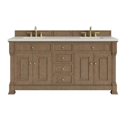 Renovate for Less Atlanta Brookfield 72" Double Vanity, Pecan, w/ 3 CM Siberian Silestone Top w/FreePower Wireless Charger