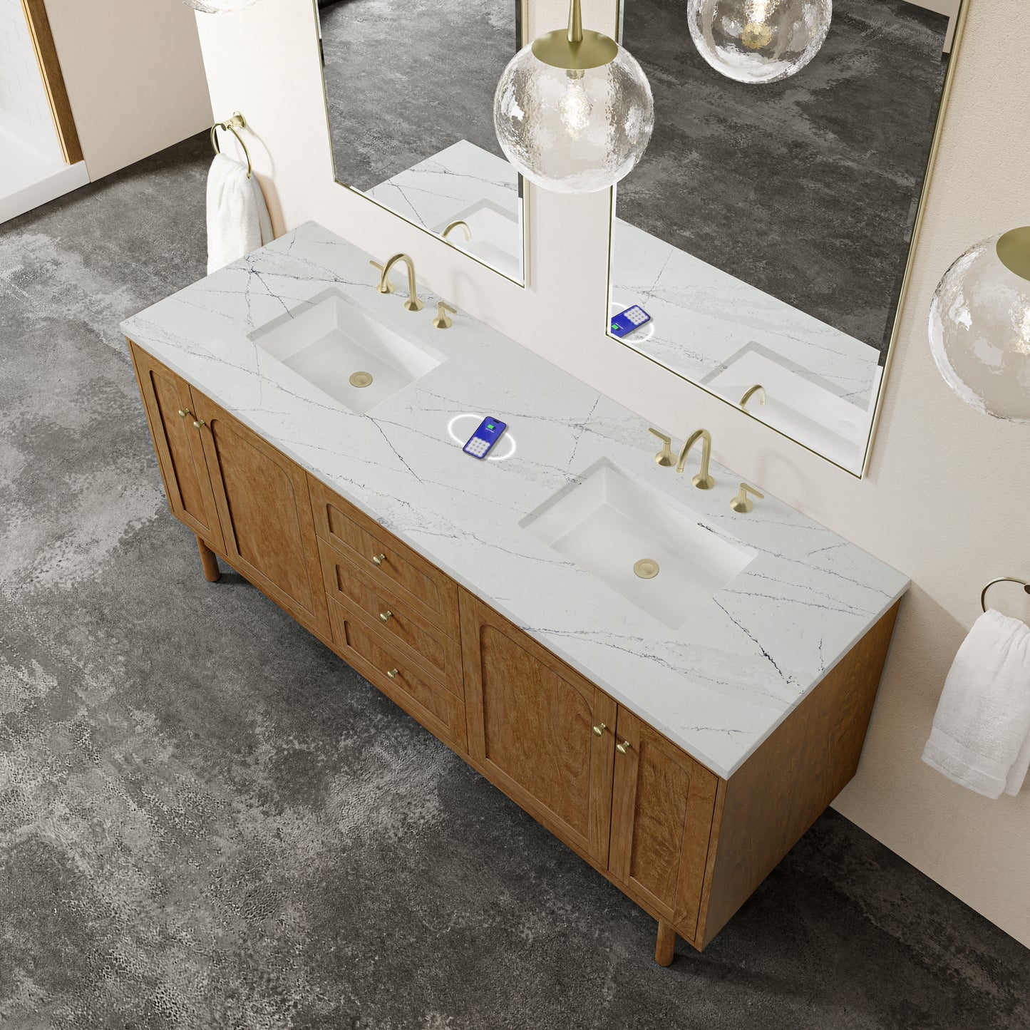 Renovate for Less Atlanta Laurent 72" Double Vanity, Honey Oak w/ 3 CM Ethereal Noctis Silestone Top w/FreePower Wireless Charger