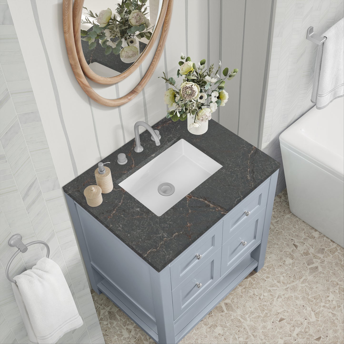 Renovate for Less Atlanta Breckenridge 30" Single Vanity, Serenity Blue, w/ 3 CM Parisien Bleu Quartz Top