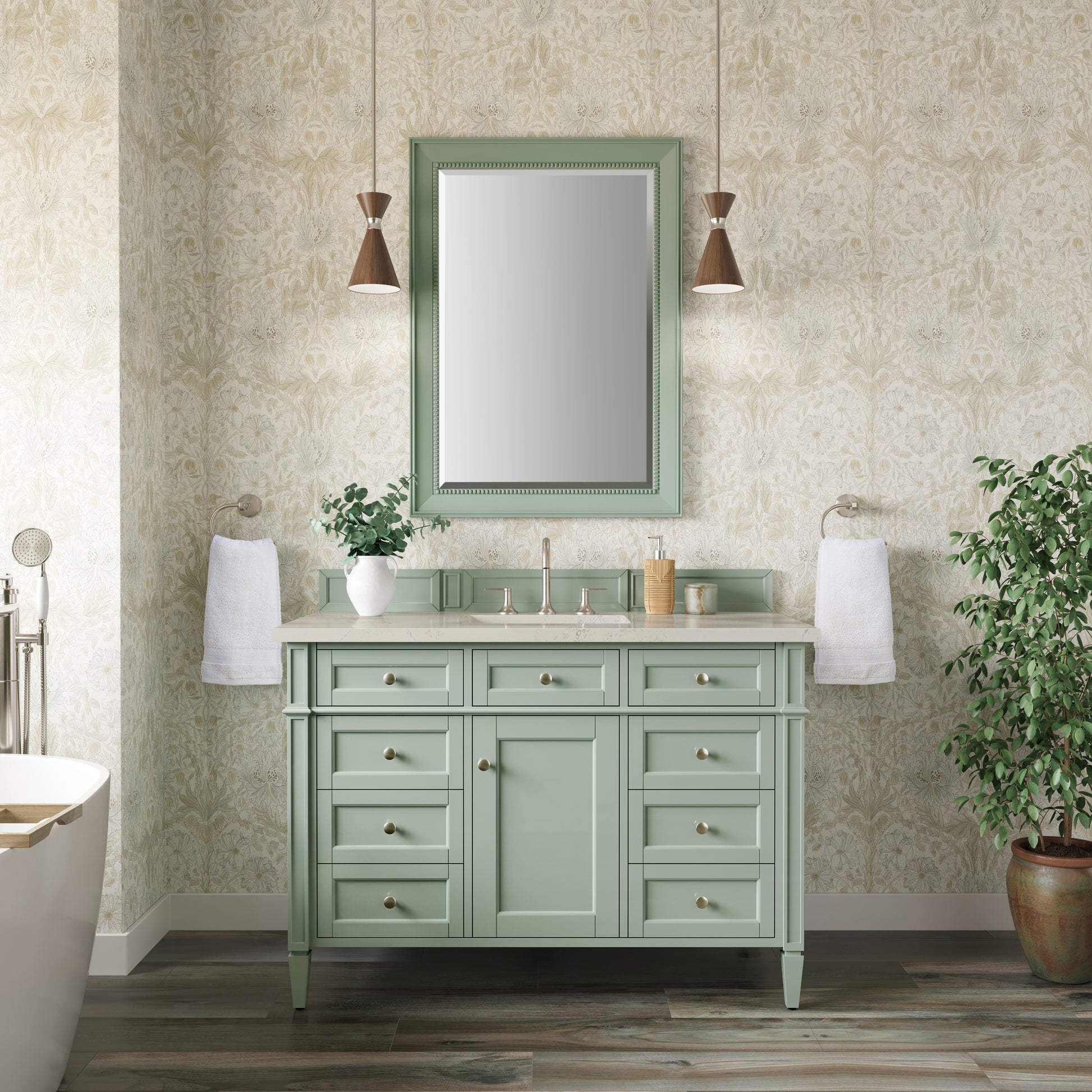 Renovate for Less Atlanta Brittany 48" Single Vanity, Sage Green, w/ 3 CM Siberian Silestone Top w/FreePower Wireless Charger