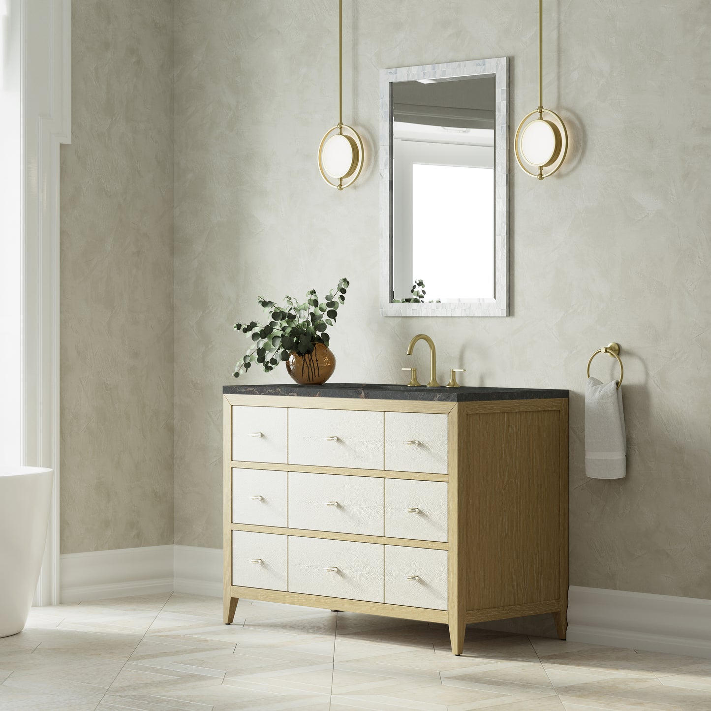 Renovate for Less Atlanta Celeste 48" Single Vanity, Sunwashed Oak with Embossed Shagreen w/ 3 CM Parisien Bleu Silestone Top w/ FreePower Wireless Charger