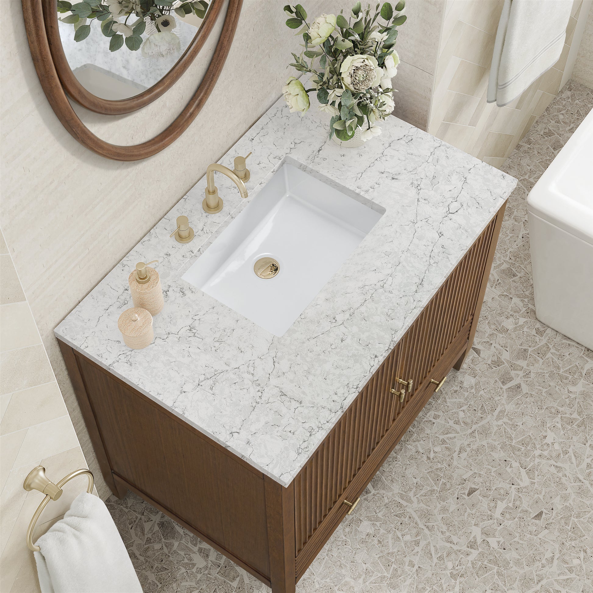 Renovate for Less Atlanta Myrrin 36" Vanity, Mid Century Walnut w/ 3 CM Eternal Jasmine Pearl Silestone Top