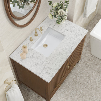Renovate for Less Atlanta Myrrin 36" Vanity, Mid Century Walnut w/ 3 CM Eternal Jasmine Pearl Silestone Top