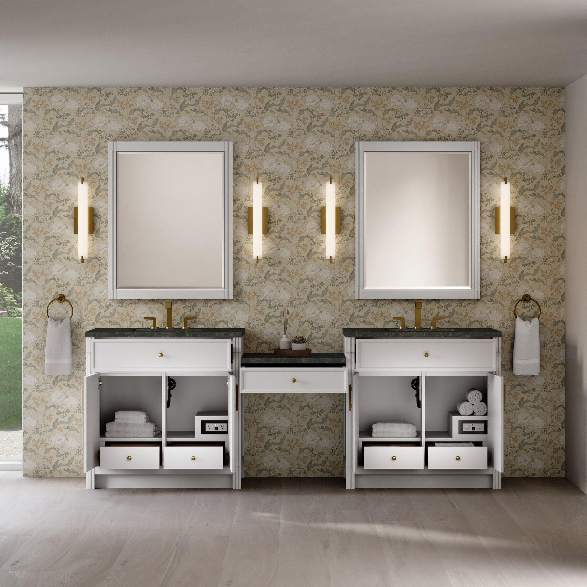 Renovate for Less Atlanta Bellshire 96" Dual Vanity Set with 24" Make-Up Counter, Bright White w/3 cm Phantome Eclos Top