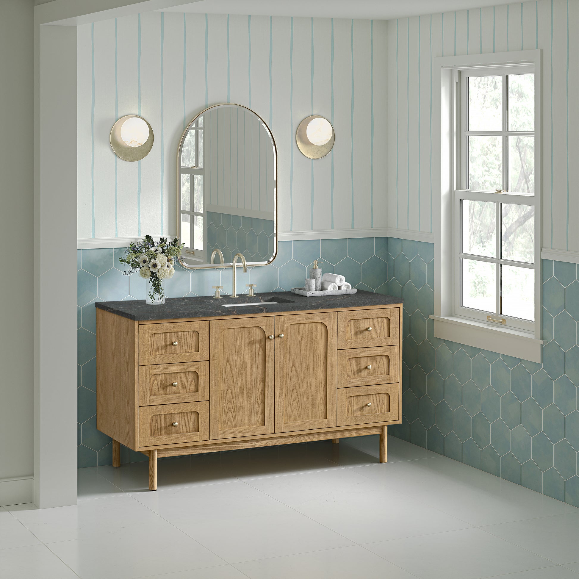 Renovate for Less Atlanta Laurent 60" Single Vanity, Light Natural Oak, w/ 3 CM Parisien Bleu Quartz Top