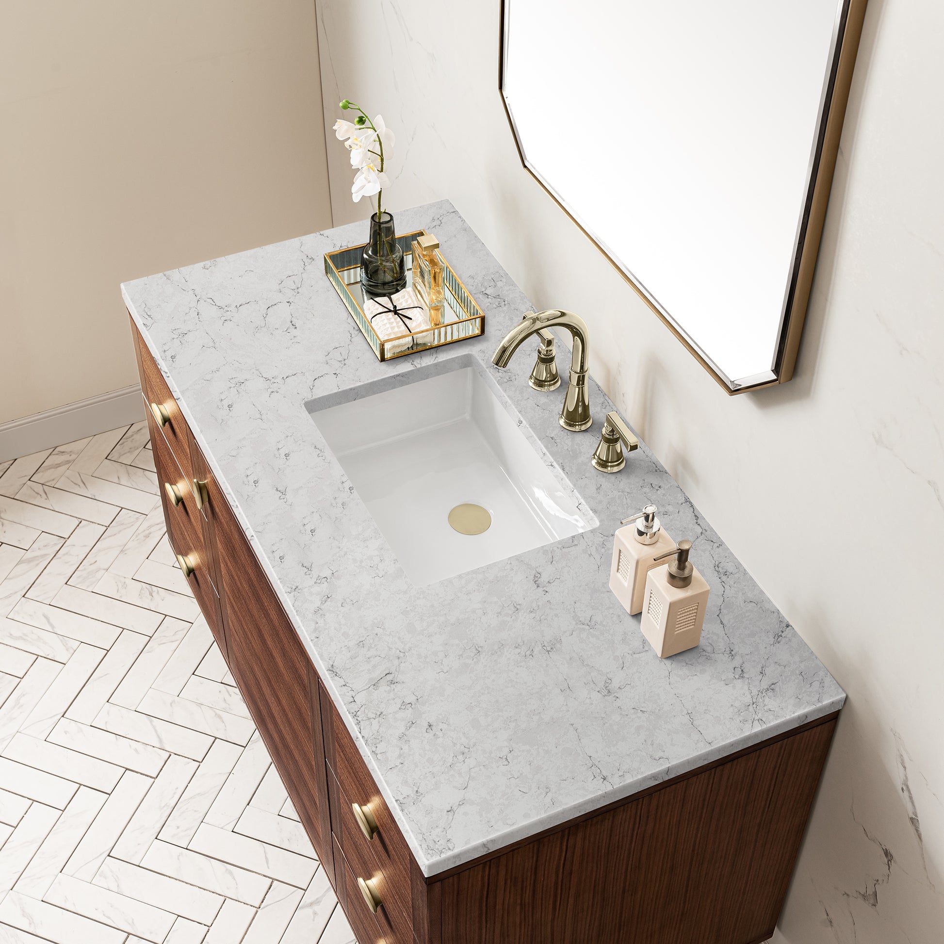 Renovate for Less Atlanta Amberly 48" Single Vanity, Mid-Century Walnut w/ 3 CM Eternal Jasmine Pearl Top
