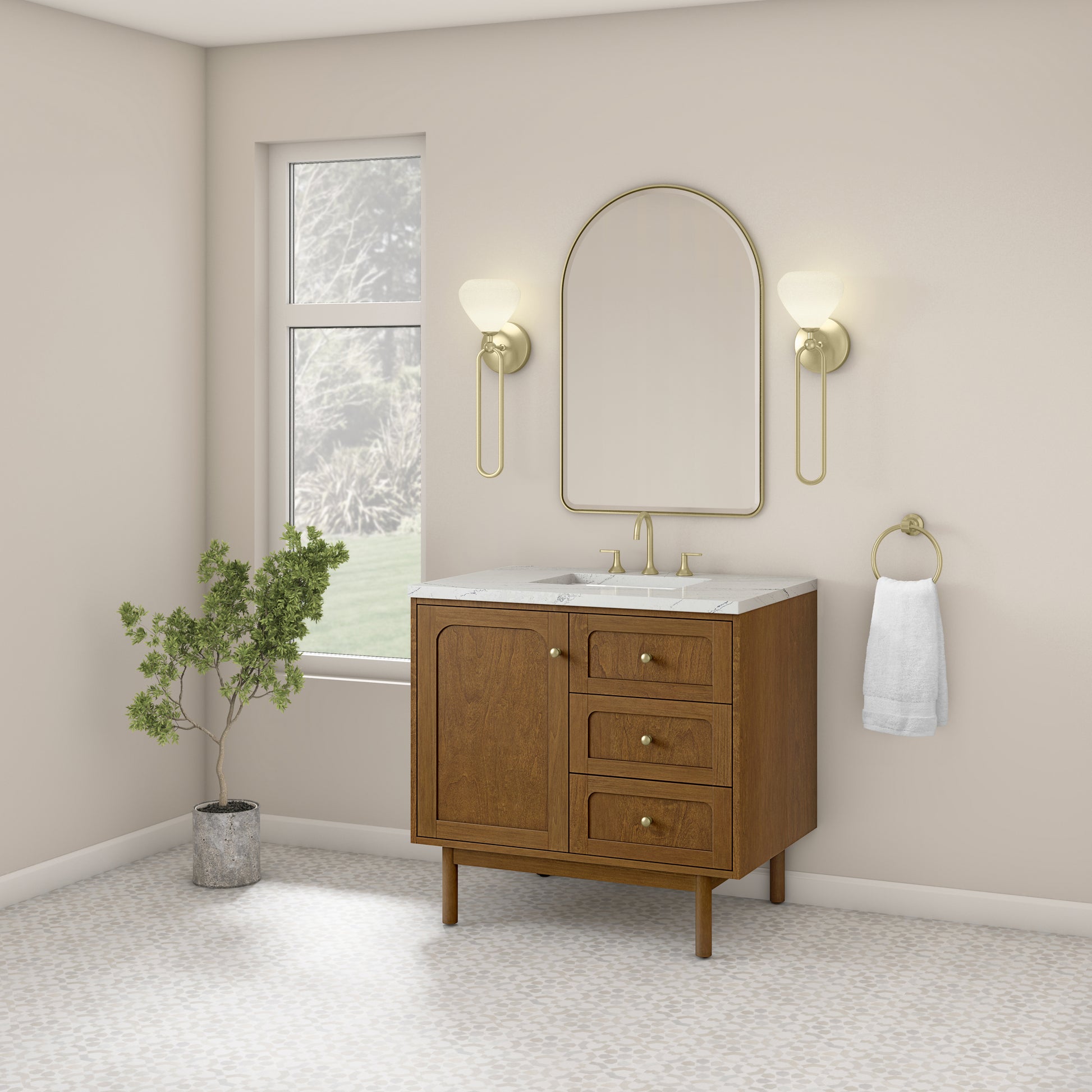 Renovate for Less Atlanta Laurent 36" Single Vanity, Honey Oak w/ 3 CM Ethereal Noctis Silestone Top