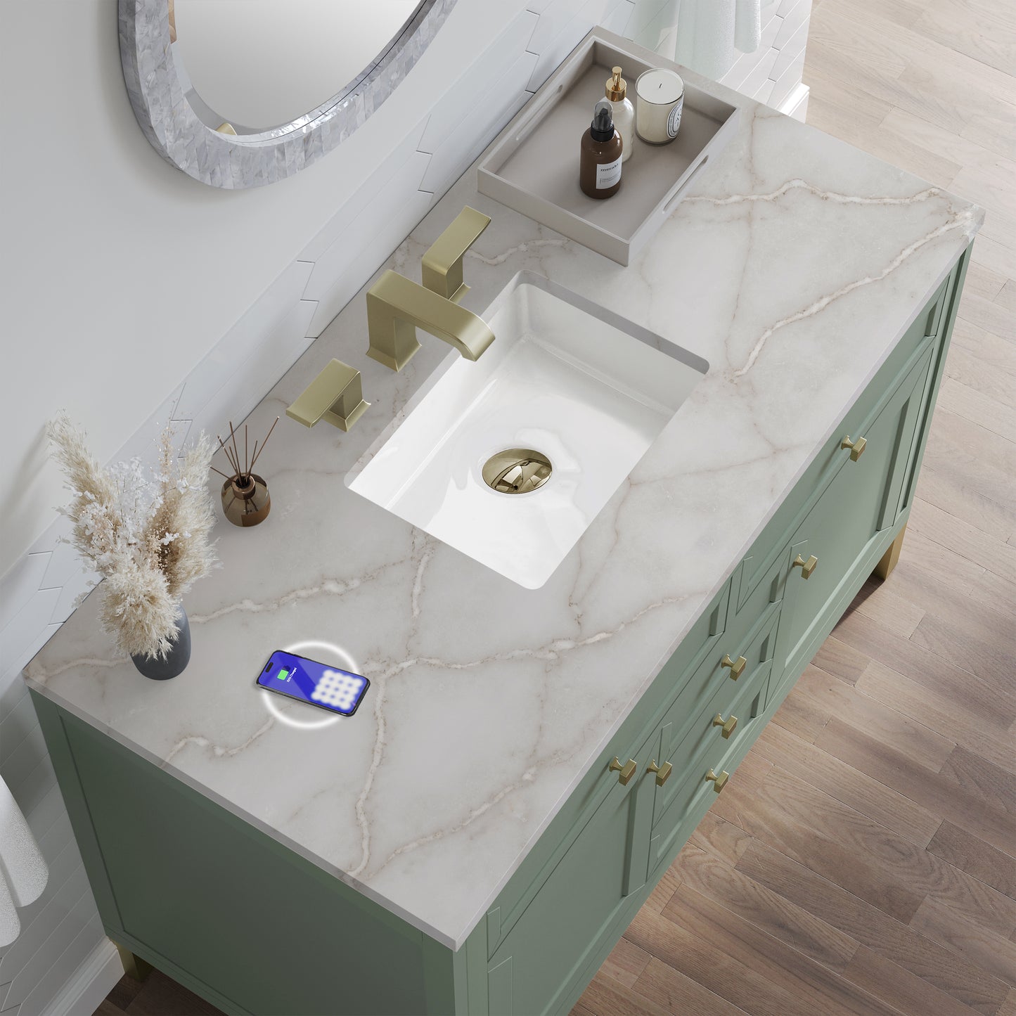 Renovate for Less Atlanta Chicago 48" Single Vanity, Smokey Celadon, w/ 3 CM Victorian Silver Silestone® Top w/FreePower Wireless Charger