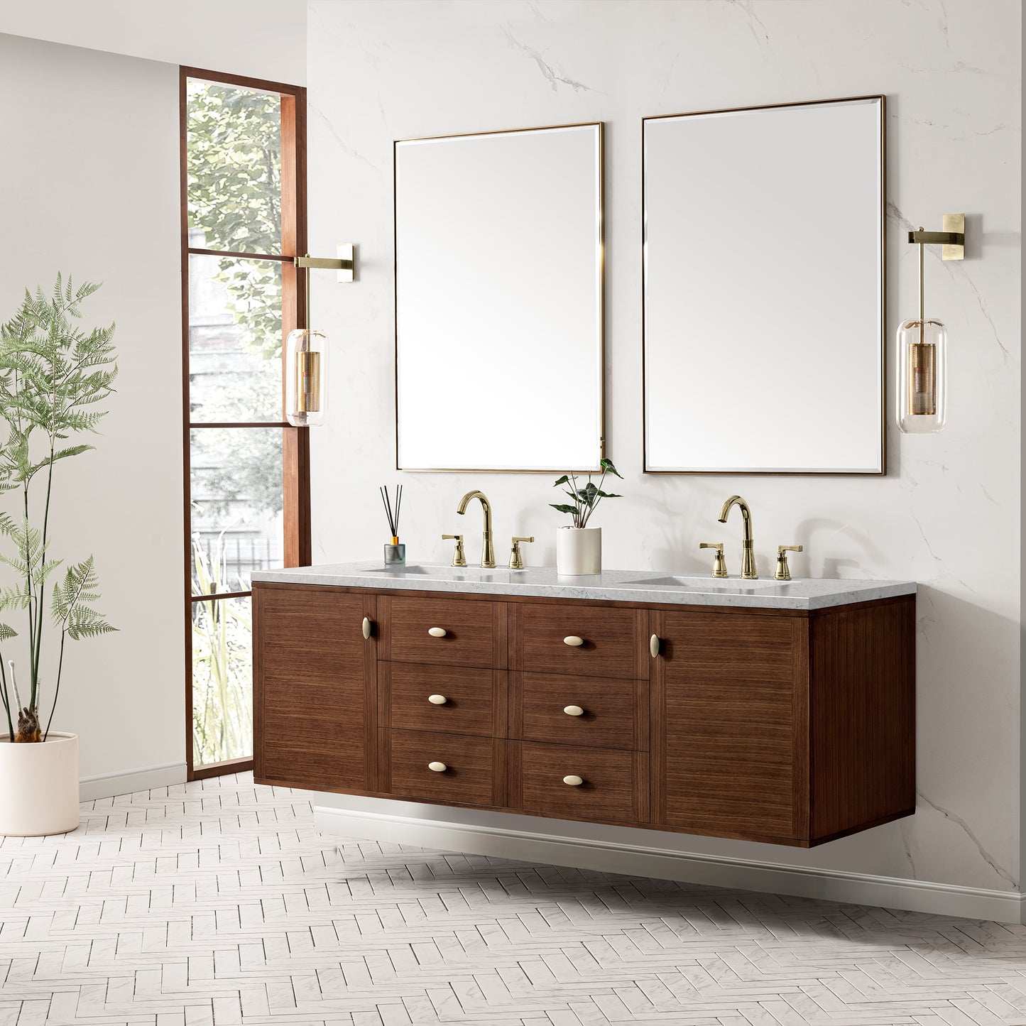 Renovate for Less Atlanta Amberly 72" Double Vanity, Mid-Century Walnut w/ 3 CM Eternal Jasmine Pearl Top w/FreePower Wireless Charger