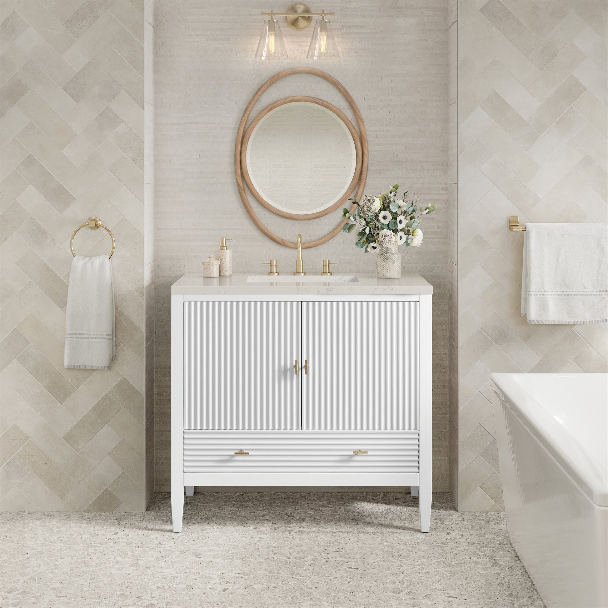 Renovate for Less Atlanta Myrrin 36" Vanity, Bright White, w/ 3 CM Siberian Silestone Top